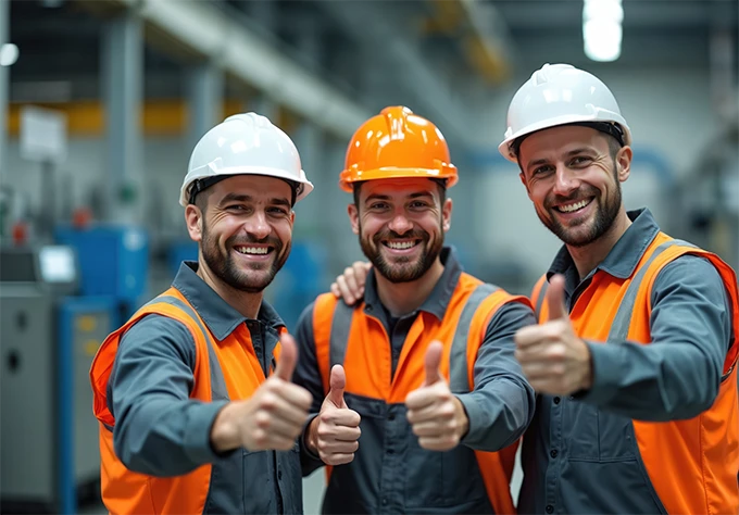 Three smiling construction professionals wearing hard hats and safety vests giving a thumbs up in an industrial facility  This team represents a leading mechanical and renovation company, demonstrating a commitment to quality, safety, and expert service in every project 